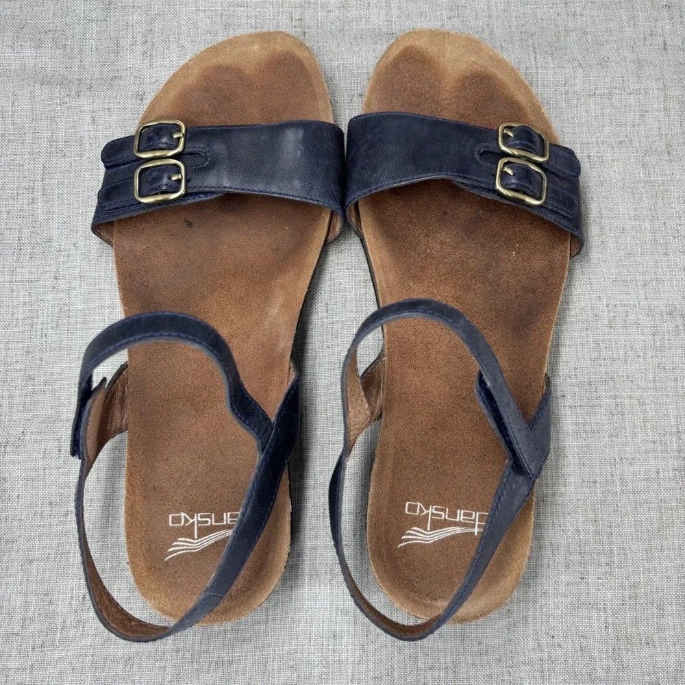 Dansko Rebekah Sandals Navy Blue Leather Double Buckle Ankle Strap Women EU‎ 38
